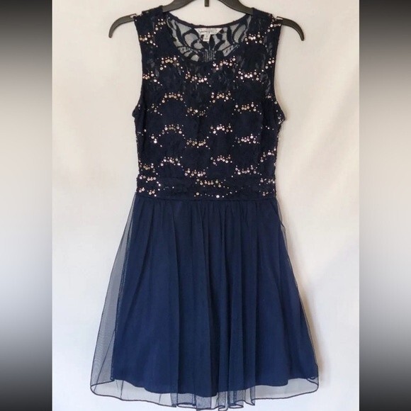Speechless Semi Formal Fit & Flare Cocktail Sequin Lace Sheer Navy Dress 7 - Picture 1 of 5